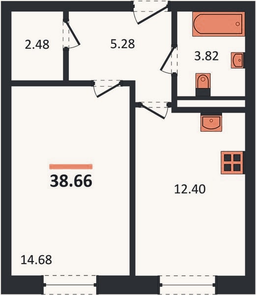 Планировка: 1-к, 38,7 м²