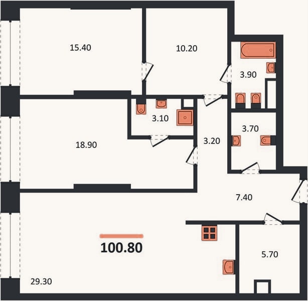 Планировка: 2-к, 100,8 м²