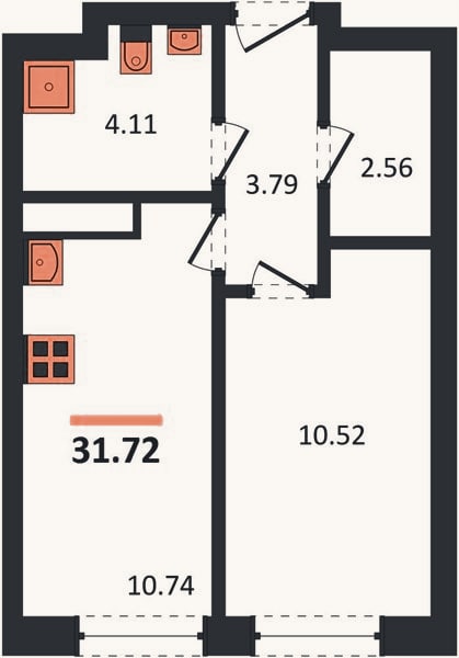 Планировка: 1-к, 31,7 м²