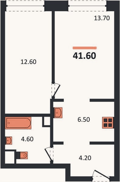 Планировка: 1-к, 41,6 м²