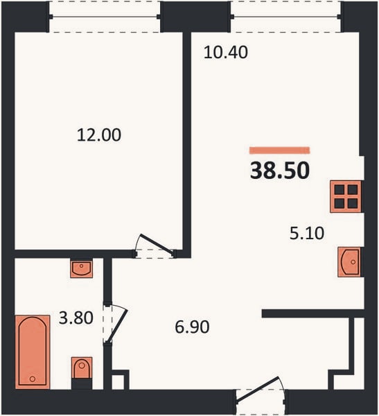 Планировка: 1-к, 38,5 м²