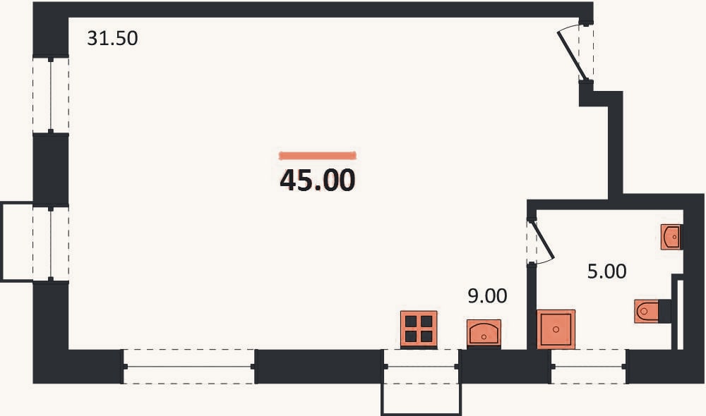 Планировка: Студия, 45 м²