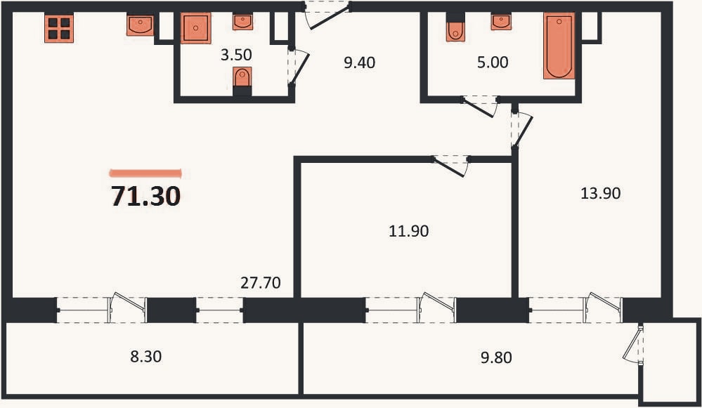 Планировка: 2-к, 71,3 м²