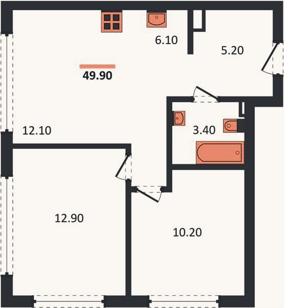 Планировка: 2-к, 49,9 м²