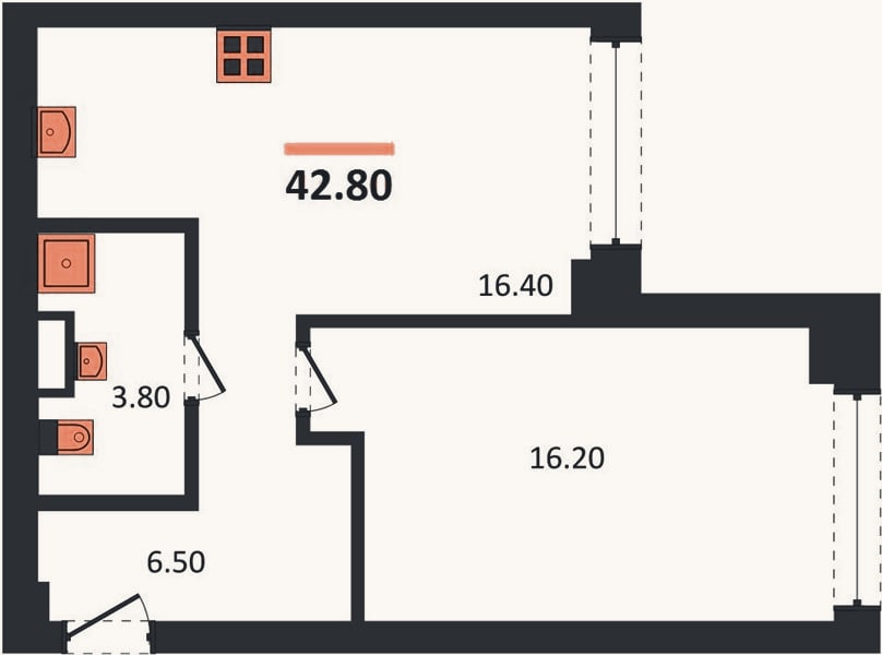 Планировка: 1-к, 42,8 м²