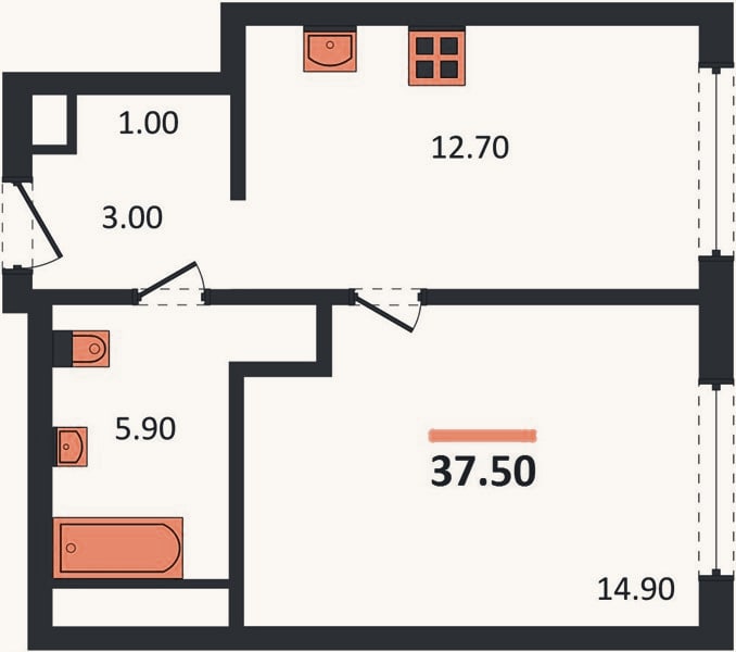Планировка: 1-к, 37,5 м²