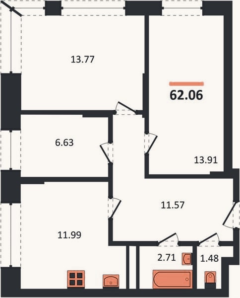 Планировка: 3-к, 62,1 м²