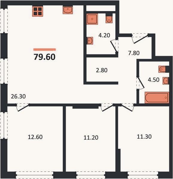 Планировка: 3-к, 79,4 м²