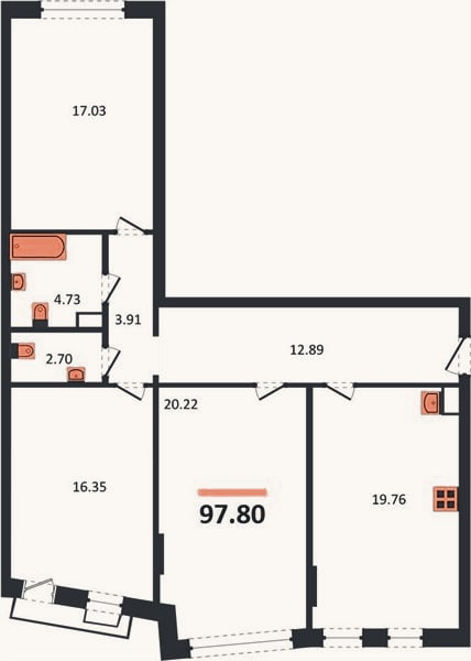 Планировка: 3-к, 97,8 м²