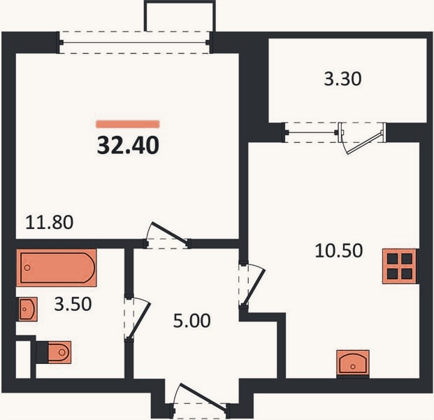 Планировка: 1-к, 32,4 м²