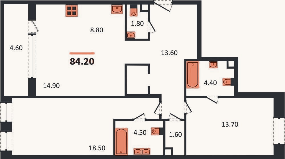 Планировка: 2-к, 84,2 м²