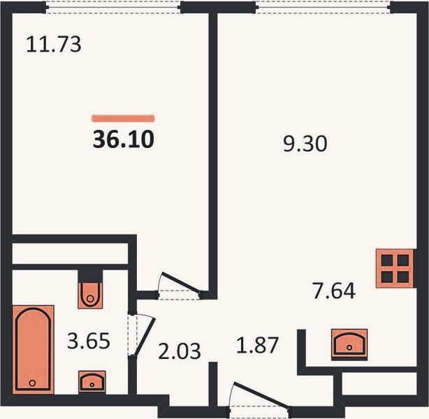 Планировка: 1-к, 36,1 м²