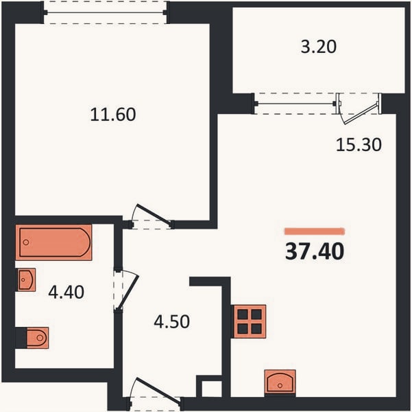 Планировка: 1-к, 37,4 м²