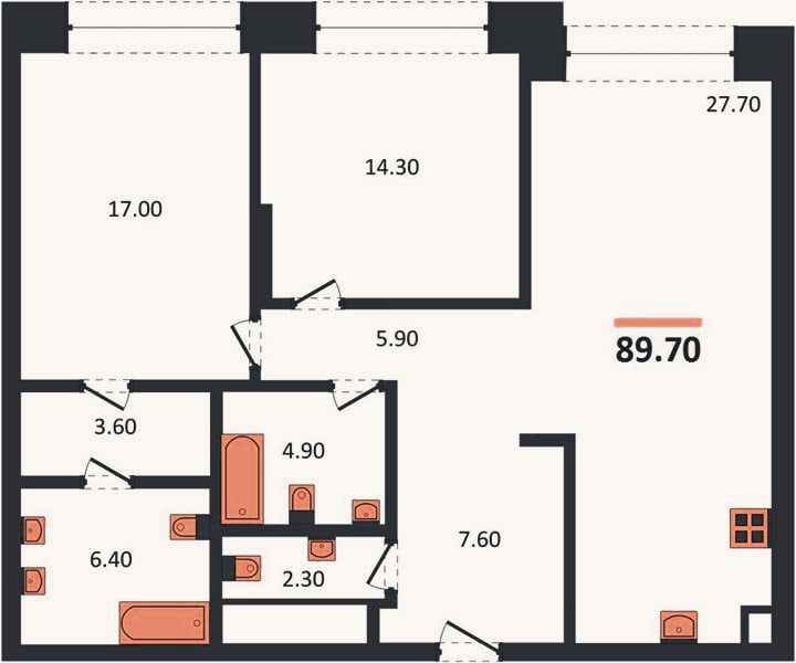 Планировка: 2-к, 89,7 м²