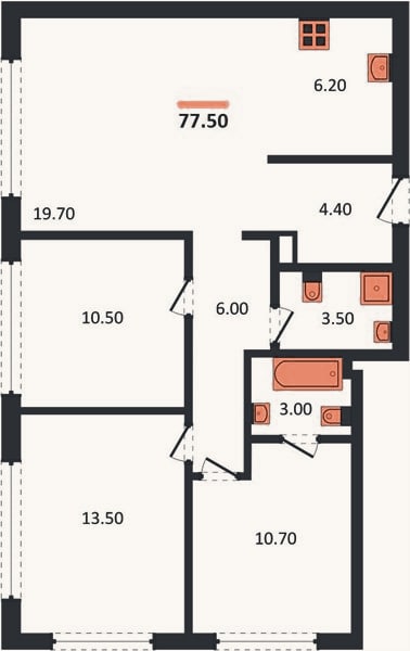 Планировка: 3-к, 77,5 м²