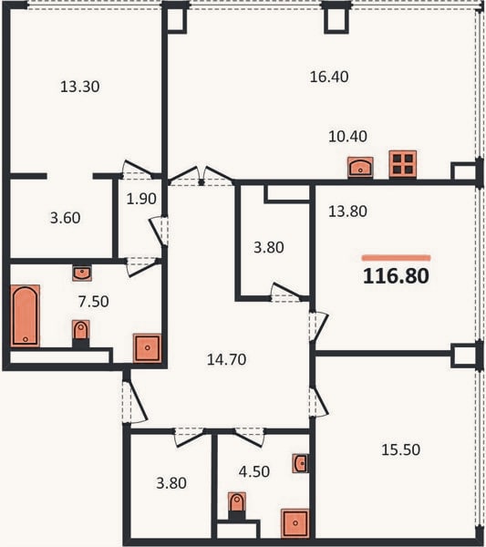 Планировка: 4+ к, 116,8 м²