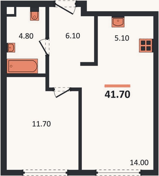 Планировка: 1-к, 41,7 м²