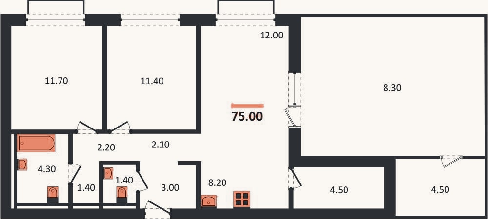 Планировка: 2-к, 75 м²