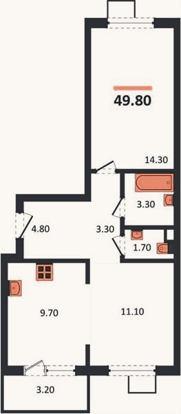 Планировка: 2-к, 49,8 м²