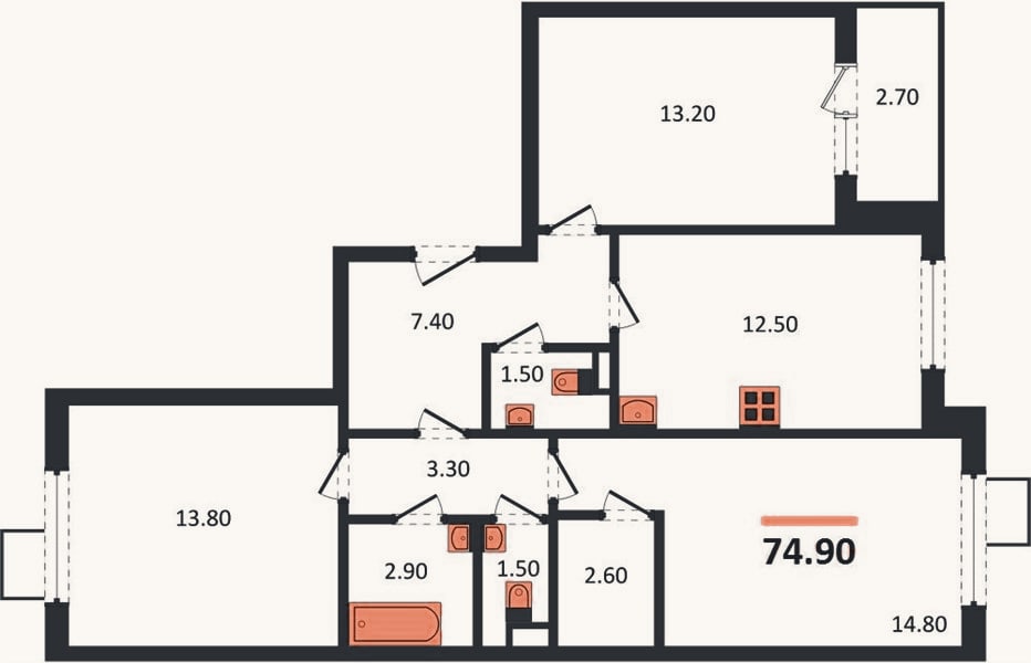 Планировка: 3-к, 74,9 м²