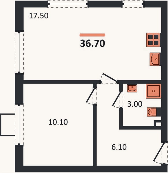 Планировка: 1-к, 36,7 м²