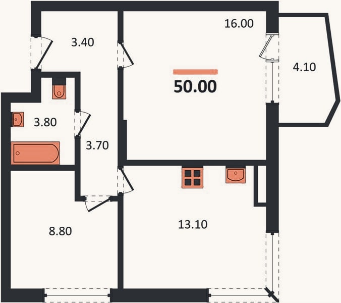 Планировка: 2-к, 50 м²