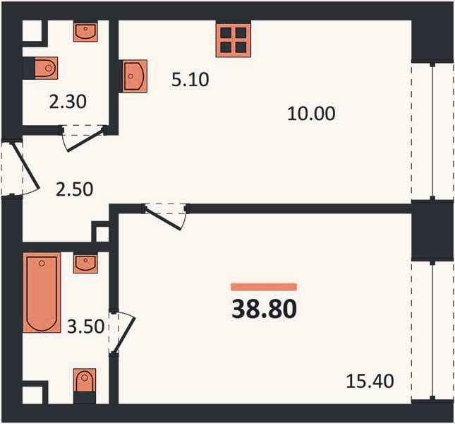 Планировка: 1-к, 38,8 м²
