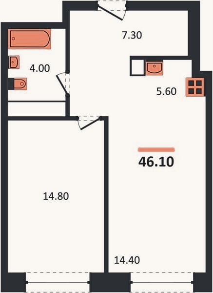 Планировка: 1-к, 46,1 м²