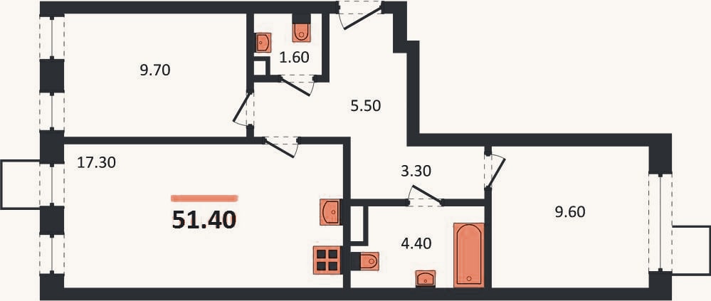 Планировка: 2-к, 51,4 м²
