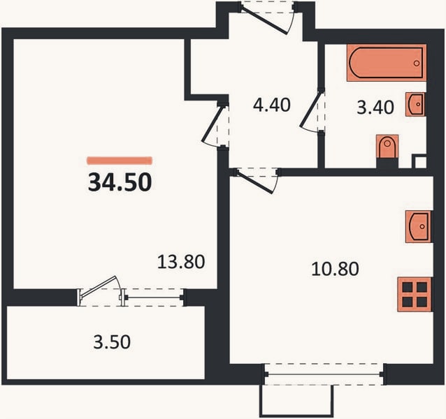 Планировка: 1-к, 34,5 м²