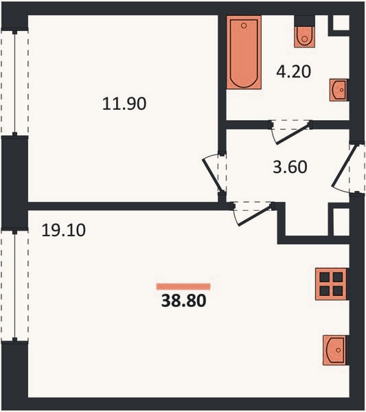 Планировка: 1-к, 38,8 м²