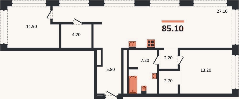 Планировка: 2-к, 85,1 м²