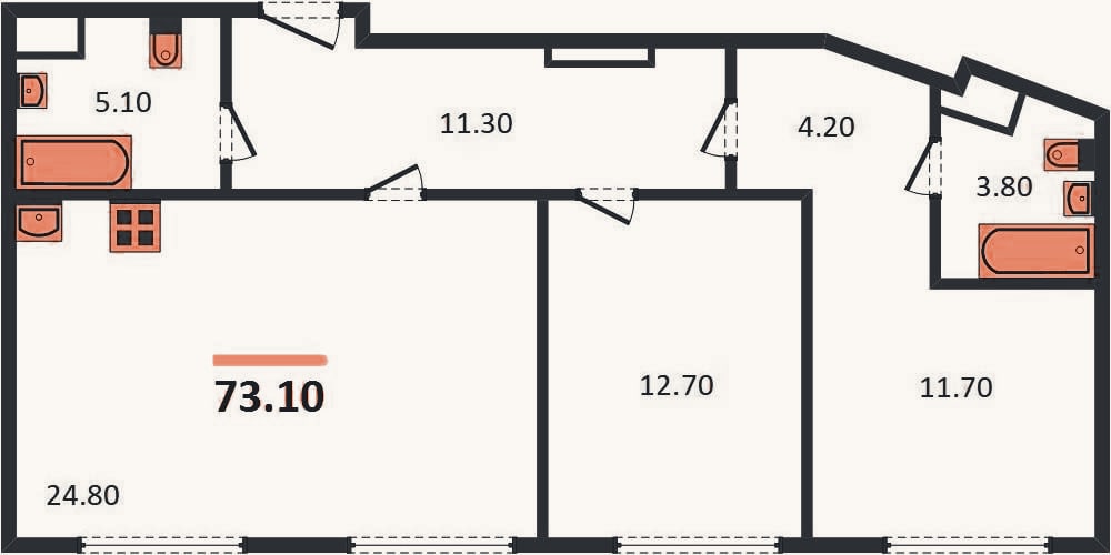 Планировка: 2-к, 73,1 м²