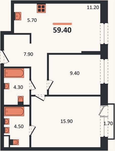 Планировка: 2-к, 59,4 м²
