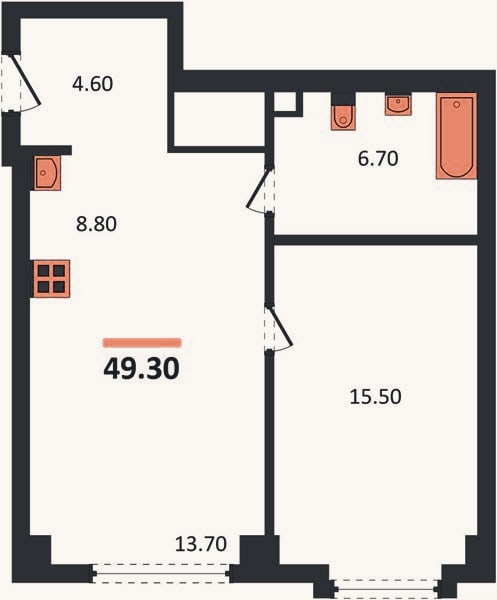 Планировка: 1-к, 49,3 м²