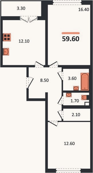 Планировка: 2-к, 59,6 м²