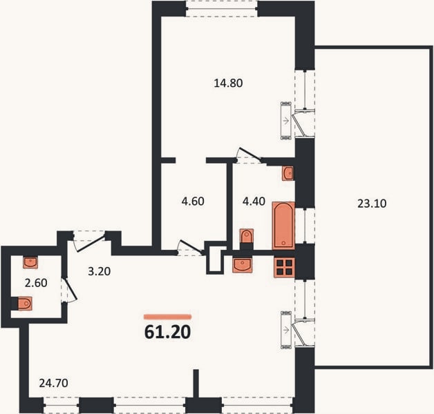 Планировка: 1-к, 61,2 м²