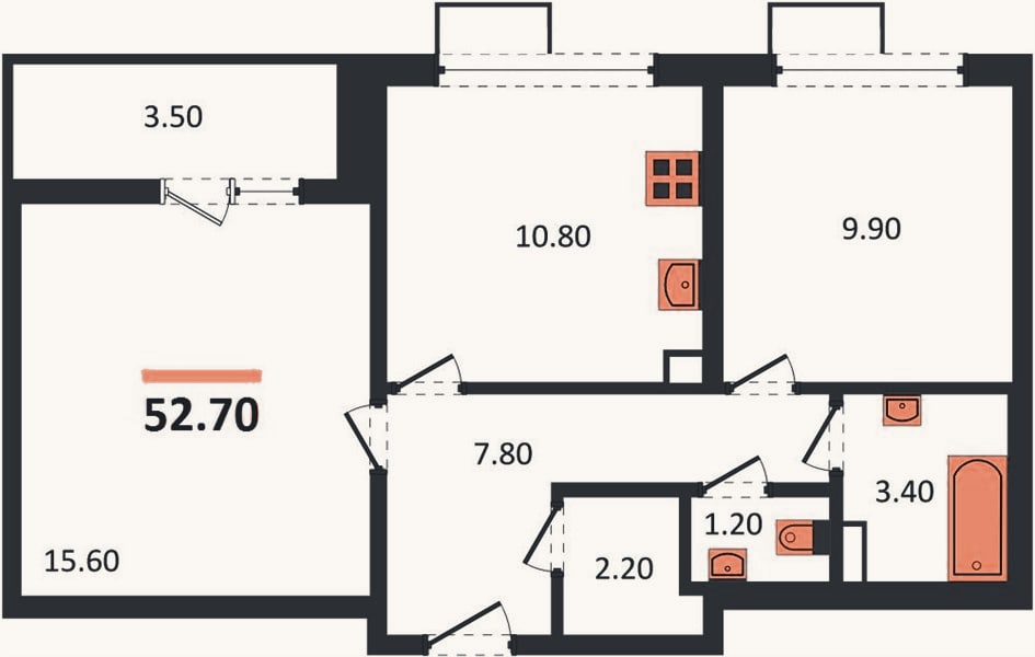 Планировка: 2-к, 52,7 м²