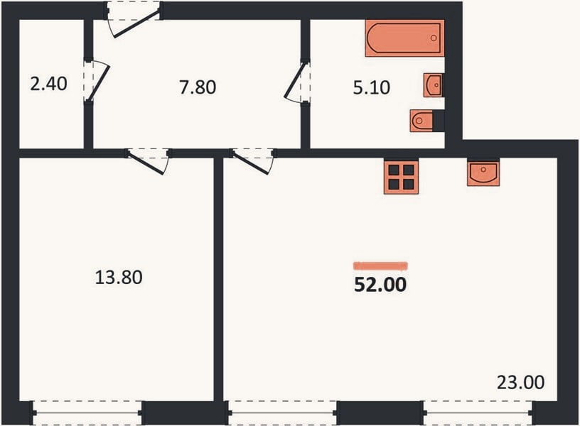 Планировка: 1-к, 52 м²