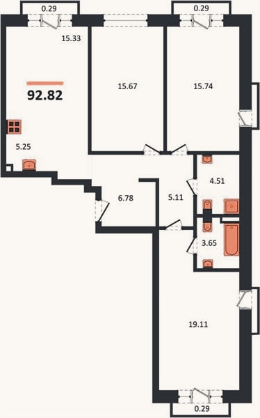 Планировка: 3-к, 92,8 м²