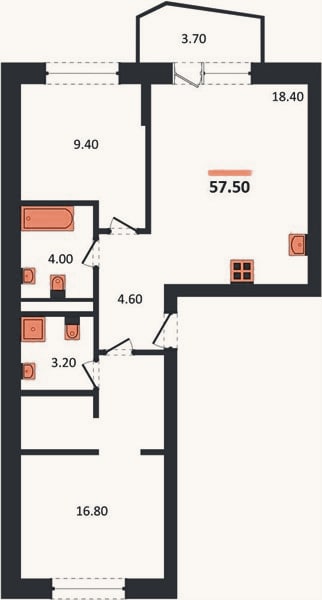 Планировка: 2-к, 57,5 м²