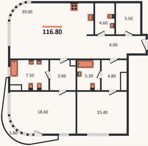 Планировка: 2-к, 116,8 м²