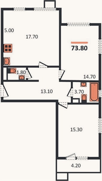 Планировка: 2-к, 73,8 м²