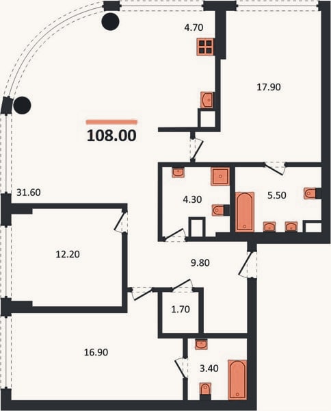 Планировка: 3-к, 108 м²
