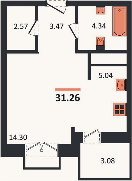 Планировка: Студия, 31,3 м²