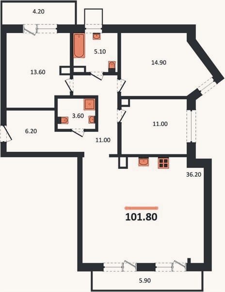 Планировка: 3-к, 101,8 м²