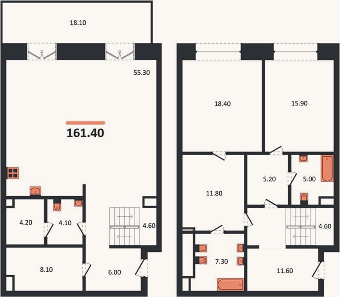 Планировка: 2-к, 161,4 м²