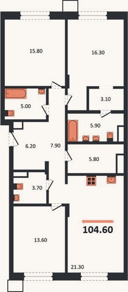 Планировка: 3-к, 104,6 м²
