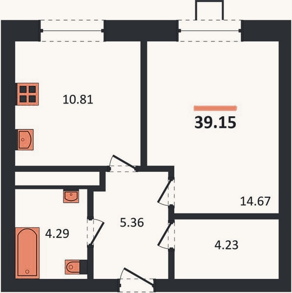 Планировка: 1-к, 39,2 м²