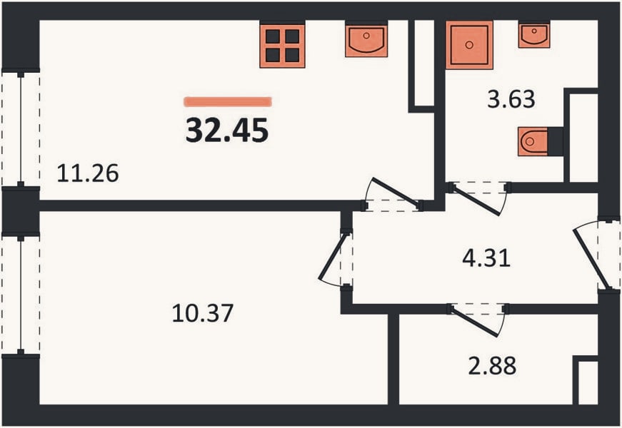 Планировка: 1-к, 32,5 м²